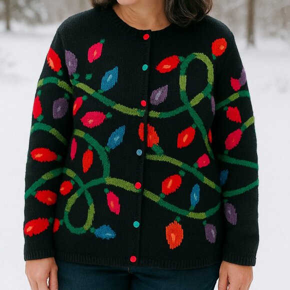 Talbots Y2K Hand Knit Women Black Christmas Holiday Light Cardigan Sweater L - Picture 1 of 11